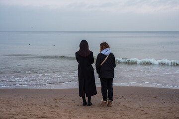Two girls looking at the sea, back view - 739586320
