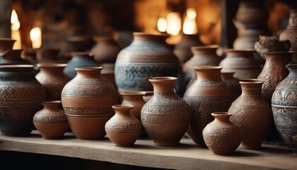 Fototapeta na wymiar Ukrainian Pottery and Ceramics, a display of clay pots with intricate patterns, set against
