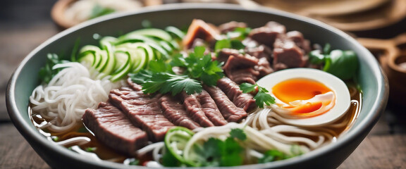 Vietnamese pho bowl with beef slices, fresh herbs, and rice noodles, steam rising against a rustic 