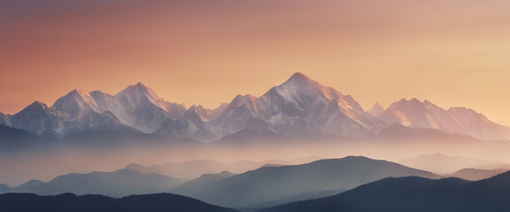 A panoramic view of a mountain range at dawn, the peaks bathed in golden light, the sky a soft - obrazy, fototapety, plakaty