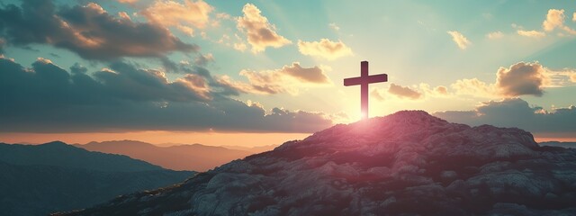 Majestic cross stands atop mountain, illuminated by golden sunrise, conveying hope and spiritual inspiration, Good Friday and Easter Sunday concept - obrazy, fototapety, plakaty