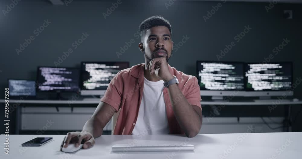 Aufkleber Cyber security office, thinking and man programming software development, online system or algorithm code. Coding, developer or coder problem solving script, database and analysis of network at night