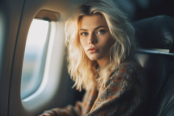 Young woman on passenger seat near window in airplane