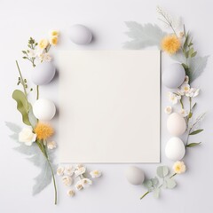 White blank paper greeting card with pastel Easter eggs and decorations, Easter mock up
