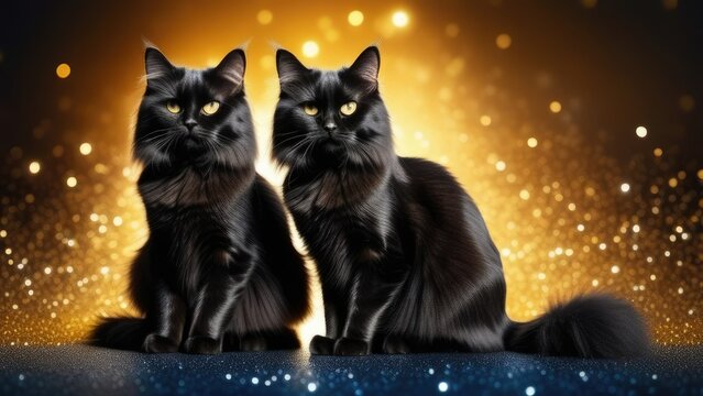 Two black cats on a gold background .Valentine's Day. Holiday.Pet shop business concept