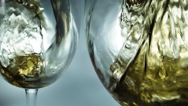 Two glasses with pouring white wine close-up. White wine is poured into 2 wine glasses. 4k macro video. Filmed on high speed cinema camera.