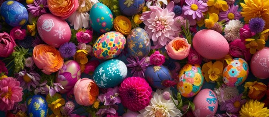 Vibrant Easter Egg Decorations Surrounded by Beautiful Spring Flowers - obrazy, fototapety, plakaty