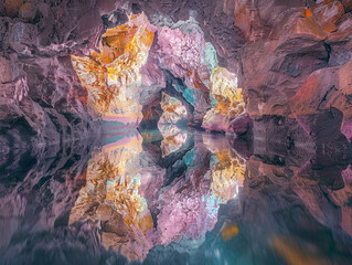 Crystal caves with luminescent flora underground lakes reflecting a kaleidoscope of colors