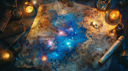 Elaborate fantasy map spread on an ancient table glowing runes hidden paths mythical creatures lurking rich colors intricate details