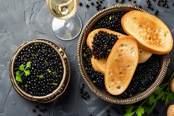 Overhead shot of black caviar on toasts and in a vintage bowl with a champagne coupe - obrazy, fototapety, plakaty