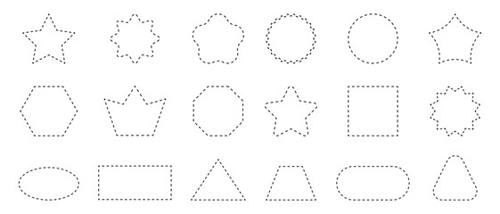 Set of geometric shapes with dashed lines. Dotted circle, square, rectangle, oval, star, crown and triangle figures isolated on white background. Cut here pictograms. Vector outline illustration.