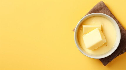 Pieces of butter in bowl on yellow background, top view