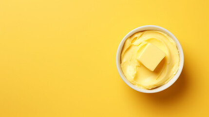 Bowl with melted butter or cheese on yellow background, top view, copy space. Dairy products - obrazy, fototapety, plakaty