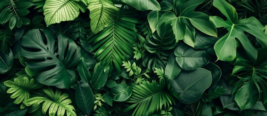 Lush green wall covered with abundant tropical leaves and plants in a botanical garden - Powered by Adobe