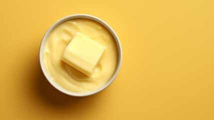 Bowl with melting butter or cheese on yellow background, top view, copy space. Dairy products