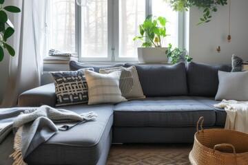 Stylish living room with a grey sofa and pillows by the window