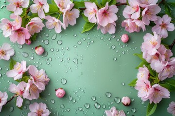 Sakura frame with water droplets green background Fresh sweet scent of flowers for girls Space for text