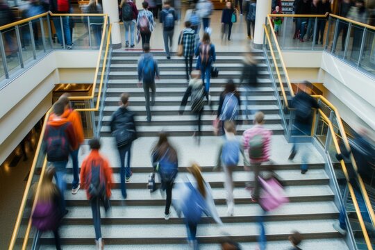 High school students in a busy college building captured in motion blur between lessons