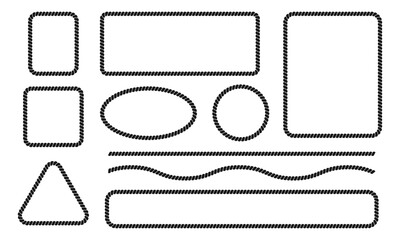 Set of rope or cord frames and borders. Rectangle, circle, oval, square, triangle shapes with thread or cable texture. Design elements in sailor, marine, sea, nautical style. Vector flat illustration. © vikusha_art