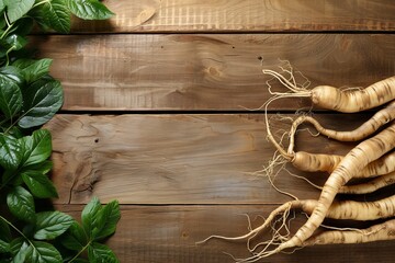 Ginseng root on wood Healthy herbs