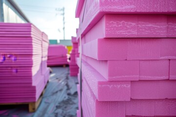 HighDensity water resistant pink foam boards used for insulation on a construction site showcasing eco friendly energy saving technology