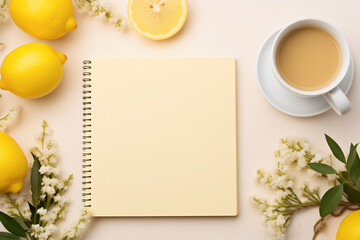 A cup of coffee sits next to lemons and a notebook on a table. Sense of creativity and inspiration, inviting the viewer to imagine the possibilities that await within the empty pages of the notebook - obrazy, fototapety, plakaty