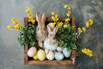 Happy Easter Eggs Basket celebratory card. Bunny in easter spine flower flower Garden. Cute 3d graduation card easter rabbit illustration. Easter personalized card wallpaper rosebud pink - obrazy, fototapety, plakaty