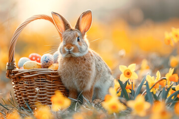 Fototapeta na wymiar A morning of new blessings. Yellow daffodils, rabbits and Easter eggs.