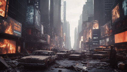 Post Apocalyptic City: New York Times Square in burnt-out vehicles, destroyed buildings and shattered roads - obrazy, fototapety, plakaty