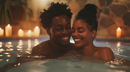 Romantic black couple relaxing in hot tub jacuzzi at luxury health spa. African American lovers enjoying a bubble bath. Canlde light atmosphere.