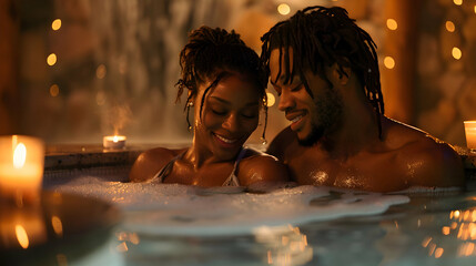 Romantic black couple relaxing in hot tub jacuzzi at luxury health spa. African American lovers enjoying a bubble bath. Canlde light atmosphere.