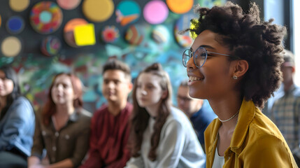 A group of students participating in an educational workshop on diversity and inclusion, fostering a sense of social responsibility. Multicultural group of yound adults at school