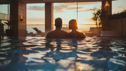 Rear view of couple relaxing in a spa center. Romantic lovers swimming at an indoor swimming pool...