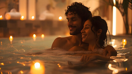 Romantic hispanic couple in love relaxing in hot tub jacuzzi at luxury health spa. Lovers enjoying a romantic spa expierence at a  bubble bath. Canlde light atmosphere. - obrazy, fototapety, plakaty
