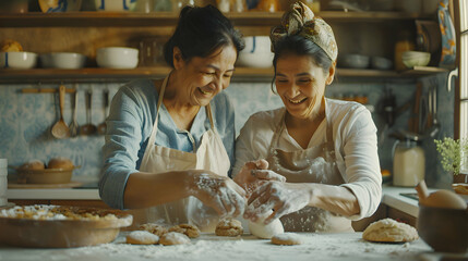 Portrait of two cheerful latina women retired mother and adult daughter happily baking sourdough bread together in kitchen. Two generations of hispanic women cooking at home - obrazy, fototapety, plakaty