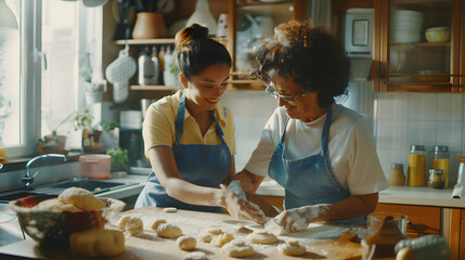 Portrait of two cheerful latina women retired mother and adult daughter happily baking sourdough bread together in kitchen. Two generations of hispanic women cooking at home - obrazy, fototapety, plakaty