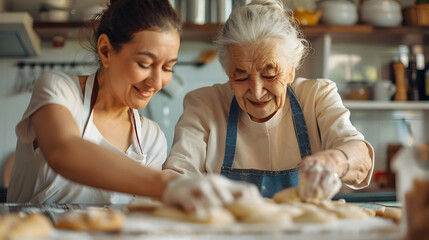 Portrait of two cheerful latina women retired mother and adult daughter happily baking sourdough bread together in kitchen. Two generations of hispanic women cooking at home