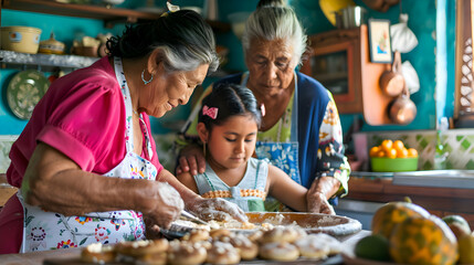 Family portrait of three gernerations of loving latina women retired grandmother, adult daughter, little granddaughter baking sourdough bread together in kitchen.  hispanic women cooking at home - obrazy, fototapety, plakaty