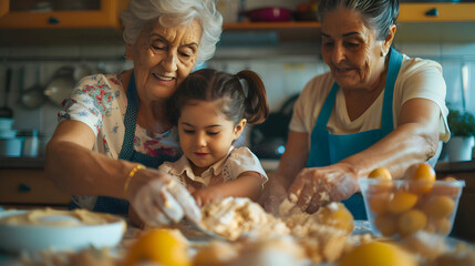 Family portrait of three gernerations of loving latina women retired grandmother, adult daughter, little granddaughter baking sourdough bread together in kitchen. hispanic women cooking at home