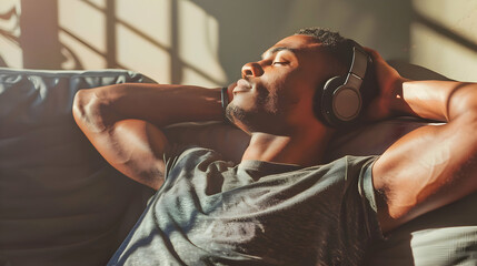 handsome african american young man relaxing with closed eyes on the couch with headphones...