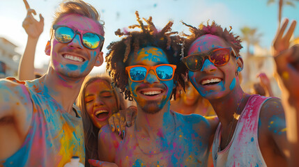Holi Festival Of Colours. Young woman with a joyful expression covered with colorful Holi powder and smiling brightly. Happy female having fun in crowd at Holi, summer party or music festival - obrazy, fototapety, plakaty