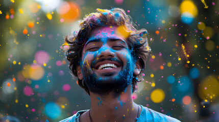 Holi Festival Of Colours. Young Indian man with a joyful expression covered with colorful Holi powder and smiling brightly. Powder paint in in Goa Kerala - obrazy, fototapety, plakaty