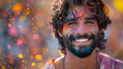 Holi Festival Of Colours. Young Indian man with a joyful expression covered with colorful Holi powder and smiling brightly. Powder paint in in Goa Kerala - obrazy, fototapety, plakaty