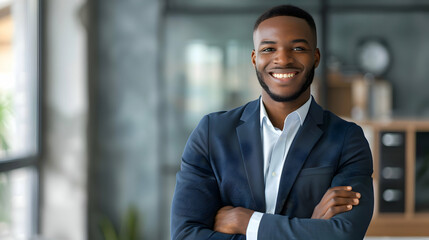 Positive beautiful young black business man posing in office with hands folded, looking at camera with toothy smile. Happy african american male entrepreneur, corporate head shot portrait