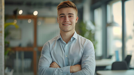 Positive beautiful young blonde business man posing in office with hands folded, looking at camera with toothy smile. Happy blonde male entrepreneur, corporate head shot portrait - obrazy, fototapety, plakaty