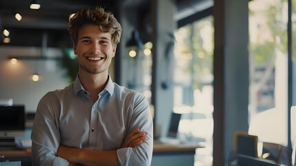 Positive beautiful young blonde business man posing in office with hands folded, looking at camera with toothy smile. Happy blonde male entrepreneur, corporate head shot portrait