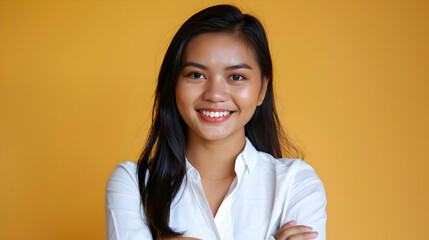 Positive beautiful young filipino business woman posing with hands folded, looking at camera with toothy smile, isolated on yellow background. copy space. female entrepreneur, professional portrait