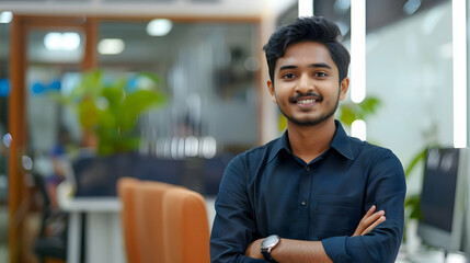 Positive beautiful young indian business man posing in office with hands folded, looking at camera with toothy smile. Happy hindu male entrepreneur, corporate head shot portrait - obrazy, fototapety, plakaty