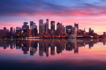 Fototapeta na wymiar Evening Twilight: An Illuminated FZ Metropolitan Skyline with Spectacular Water Reflections