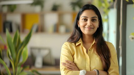 Positive beautiful young indian business woman posing in office with hands folded, looking at camera with toothy smile. Happy female entrepreneur, professional, worker girl head shot portrait